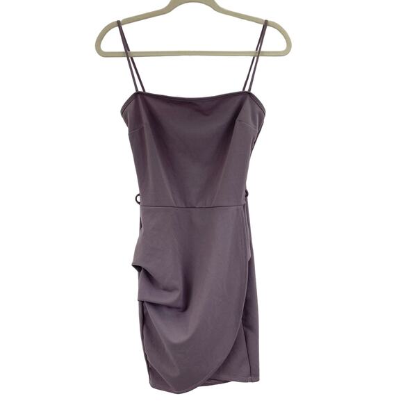 Windsor S Dusty Purple Ruched Faux Wrap Square Neck Mini Cocktail Dress - Picture 2 of 7